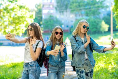 Üç genç kız. Denim giysiler içinde. Doğa yazın. Elinde bir akıllı telefon tutar. İnternette bir video konferans aracılığıyla iletişim kurar. Telefonda görüntülü görüşme. Smartphone'da fotoğraf.