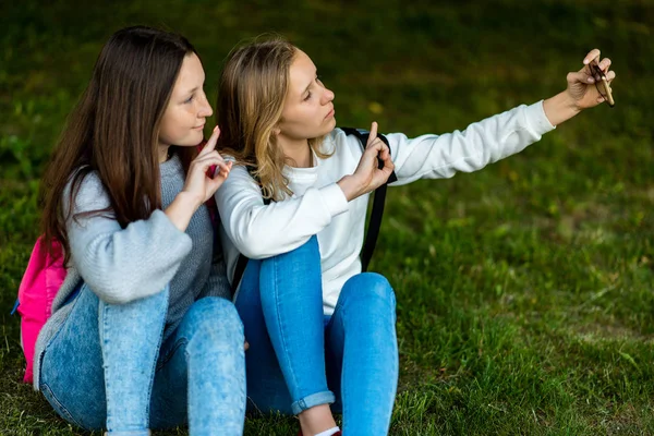 Dos colegialas novias. En verano se sientan en la hierba. En su mano tiene un smartphone. Fotografías en el teléfono. El concepto son los mejores amigos. Hablar en videollamada . —  Fotos de Stock