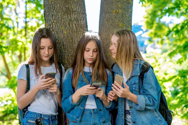 Студентка с тремя девушками. Летом в парке у дерева. В руках смартфонов. Соответствует в социальных сетях. Концепция детей в Интернете, отдых после школы . — стоковое фото