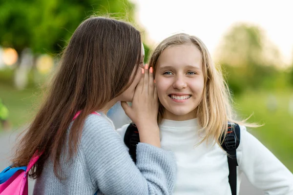 2 人の女の子の女子高生のガール フレンド、自然の都市の夏。彼は彼の耳で話します。コンセプト、謎、驚き、真実、ギフト。感情は、喜び、喜び笑顔します。陽気な友人. — ストック写真