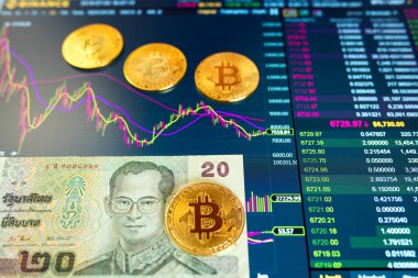 Kağıt fatura Vietnam 20 Vnd, arka plan bulanık. Birim bitcoin borsasında elektronik zamanlama, esnaf, monitörde altın bitcoin yalan.