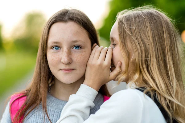 Two girls schoolgirl, in summer in a park in nature. She whispers in my ear. The concept, the secret, the surprise, the truth. Emotions smile enjoyment. Beautiful blue gzal and freckles on face. — Stock Photo, Image