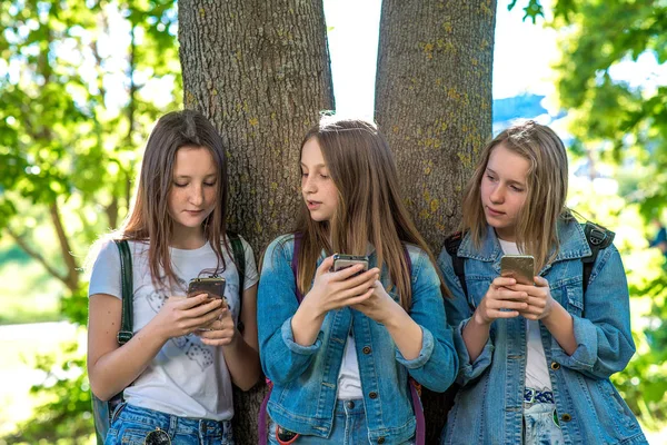 3 人の女の子の女子高生ティーン。ツリーで夏の公園。彼は彼の手の書き込みメッセージのスマート フォンを保持対応を読み取ります。ソーシャル ネットワークの子供たちは、インターネット上の通信の概念. — ストック写真