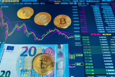Kağıt tasarıyı Euro 20 Eur, arka plan bulanık. Birim bitcoin borsasında elektronik zamanlama, esnaf, monitörde altın bitcoin yalan.