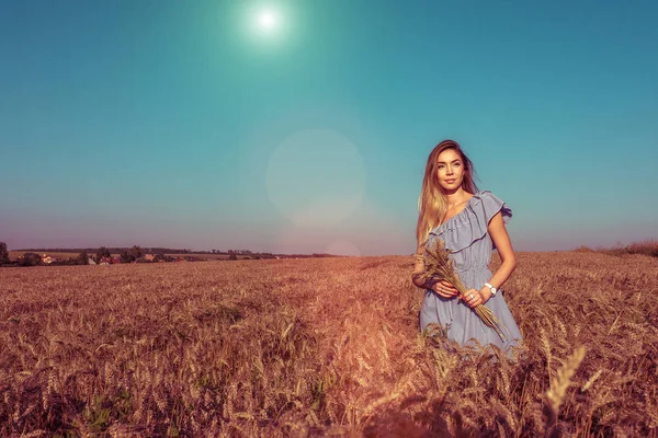 Mädchen in einem Weizenfeld in ihren Händen, Ähren haltend. im Sommer an der frischen Luft. — Stockfoto