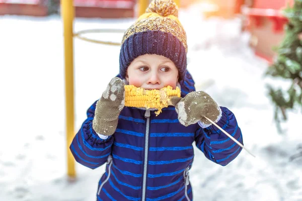 Маленький мальчик ест вареную кукурузу. В зимний день на прогулке. В теплой шляпе в синей куртке и зеленых рукавицах. Концепция здорового питания детей . — стоковое фото