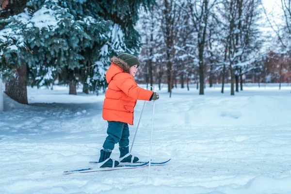 Ein kleiner Junge im Alter von 3-5 Jahren fährt auf einem Kinderspielzeug-Ski. Winterliche Waldverwehungen und Holzverwehungen im Hintergrund. die ersten Schritte im Sport und im aktiven Lebensstil des Kindes. Freiraum für Text. — Stockfoto