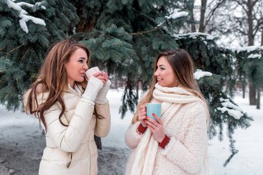İki mutlu kız kız kış parkta yeşil Noel ağaçları arka plan üzerinde konuşuyor. Kahve bardağı çay elinde. Kavramı en iyi arkadaş kız gülmek konuş. Duygular kadınsı mutluluk ve güven.