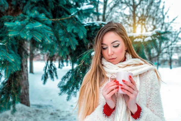 Bella ragazza nella foresta invernale con i capelli lunghi in mano che tiene una tazza di tè al caffè, sorrisi riflessivi, sogni e sogni, sullo sfondo di alberi di Natale innevati . — Foto Stock