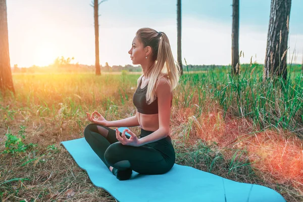 Beautiful girl sitting in summer in the park. On a sports mat in the lotus position, meditates calm and balance of mind. Yoga on the nature of the soul, sports lifestyle in the forest. — Stock Photo, Image