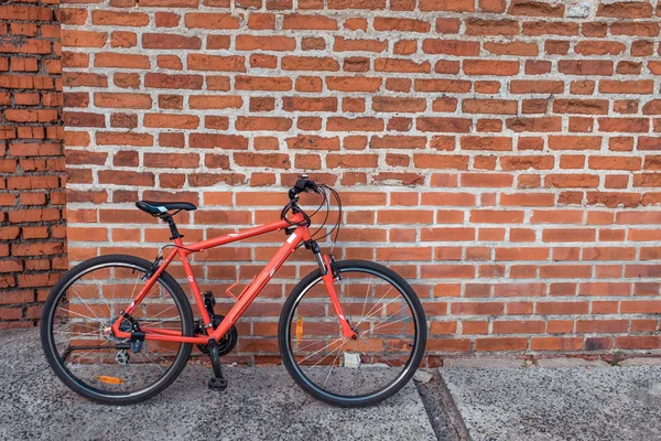 빨간 자전거 벽돌 벽 근처에서 여름에 서 있다. 텍스트에 대 한 여유 공간. — 스톡 사진