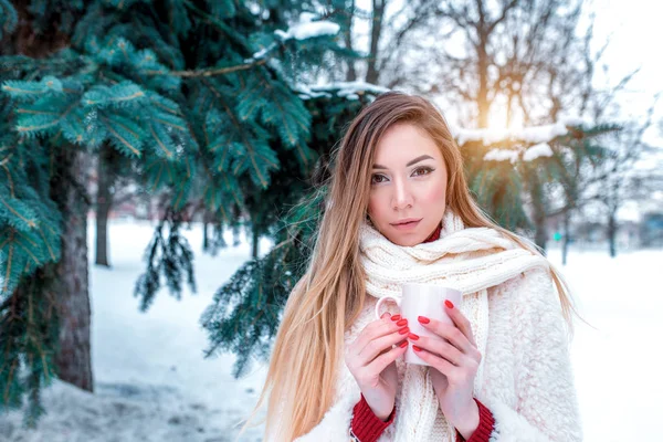 Beautiful girl in the winter in forest, holding a mug of hot coffee in her hands, warming up, gets pleasure from the winter recreation in nature. Free space for text. — 图库照片