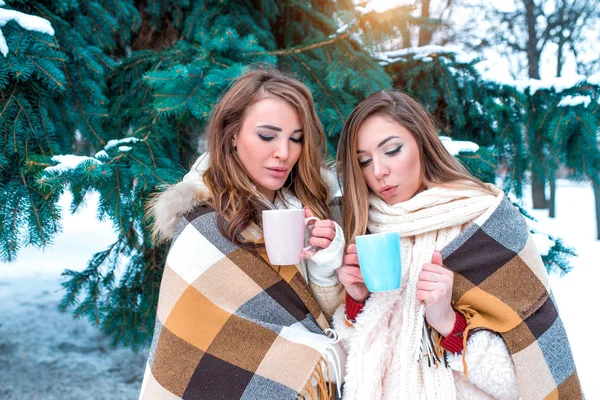 Beautiful girls warm themselves winter forest, covered with blanket, holding a mug of hot coffee in their hands. Two women drink drink from circle. Emotions rest calm and friendship girlfriends. — Stock Photo, Image