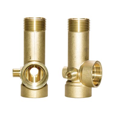 Metal Bakır montaj, beyaz arka planda izole, çeyrek inç, anahtar teslimi bir iplik ile. Bir inç, yarım ve çeyrek boyutu.