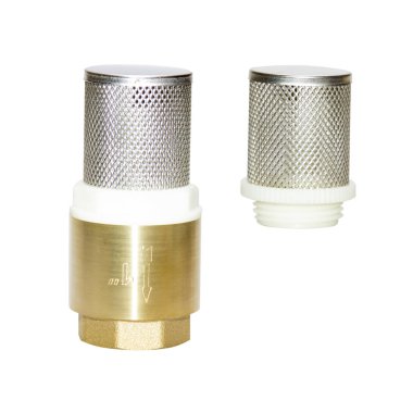 Kontrol süzgeci Vana küçük metal Mesh, enkaz kirleri koruma suyu, metal bakır montaj, beyaz arka planda izole, çeyrek inç, anahtar teslimi iplik ile. Bir inç, yarım çeyrek boyutu.