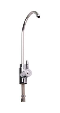 Temiz su için dokunun. İzole beyaz arka plan. Osmoz arıtma sistemi için uygulama, içme için arıtma filtreleri su kaynağı. Mutfak ve banyo için kurulum.