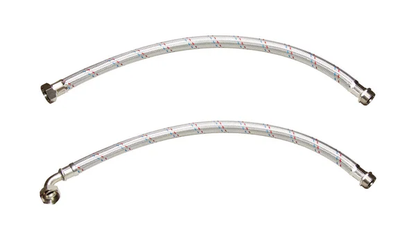 用于连接水龙头的金属软管, 用于室内管道的柔性软管。隔离在白色背景上。直和角适配器。冷热水. — 图库照片