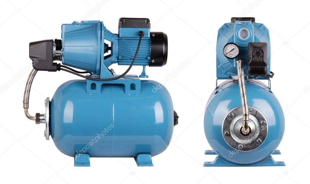 Automatic water supply station, water supply, relay hoses wire. Isolate white background. Iron pump casing, pressure sensor. Blue color. Application private homes, country house, village, cottage.