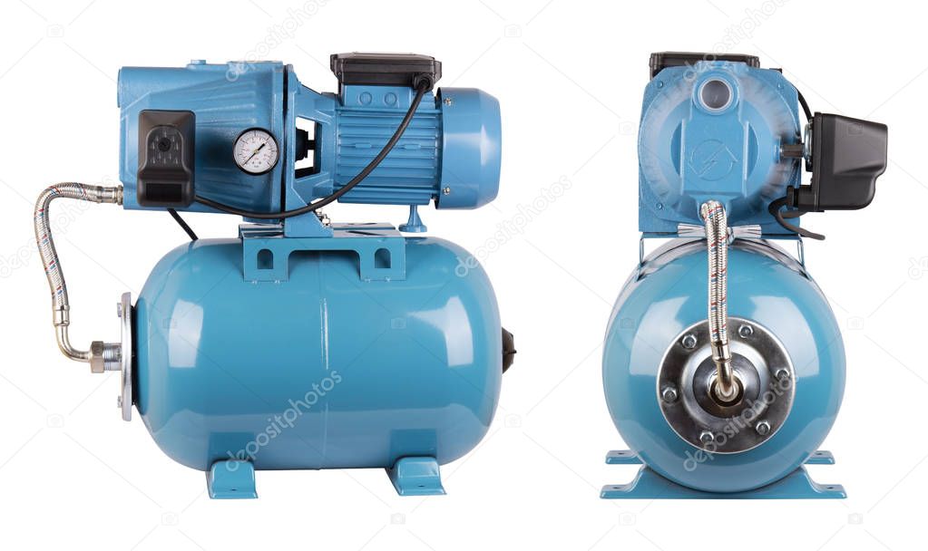 Pumping station, water supply, household automatic station, relay hose. Isolate white background. Iron pump casing, pressure sensor. Blue color. Application homes, country house, village, cottage.