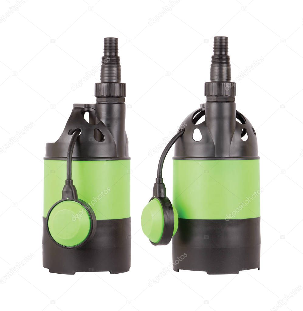 Automatic drainage pump with float, pumping water from flooded rooms, holes, bore holes, basements. Isolated on white background. Set two. Application private homes, country house, village, cottage.