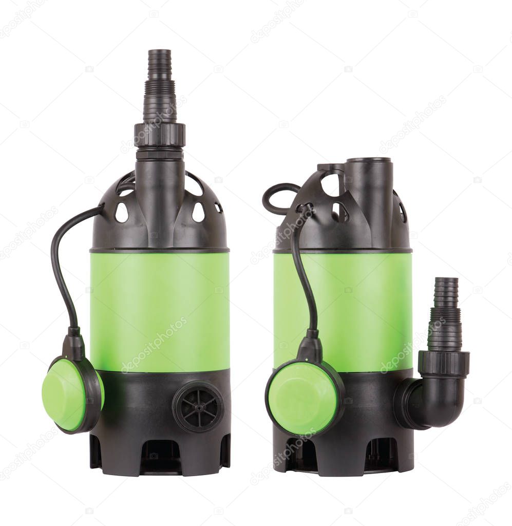 Automatic drainage pump with float, Increased motor power pumping water flooded rooms holes bore , basements. Isolated on white background. Set two. Application homes, country house, village, cottage.