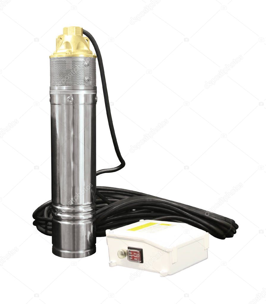 Submersible borehole pumps for supplying clean water from a great depth to house, for watering the garden. Wells. Isoated white background. Automatic water supply to station. With cable and remote.