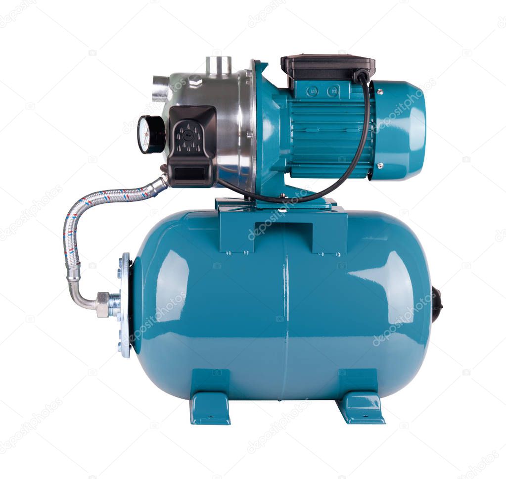 Automatic water supply station isolated white background. Steel pump casing, pressure sensor. Blue color station. Rele, cable, hose, pressure sensor. Application in homes, country village, cottage.