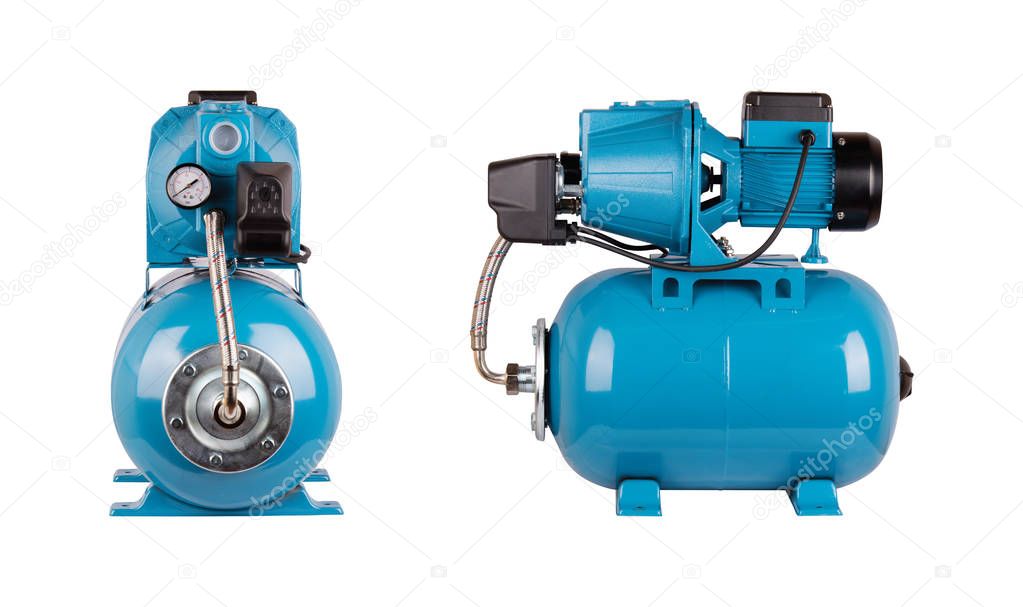 Automatic water supply station Two kinds isolated white background. Iron pump casing, pressure sensor. Blue color station. Rele, cable, hose, pressure sensor. Application in homes, country , cottage.