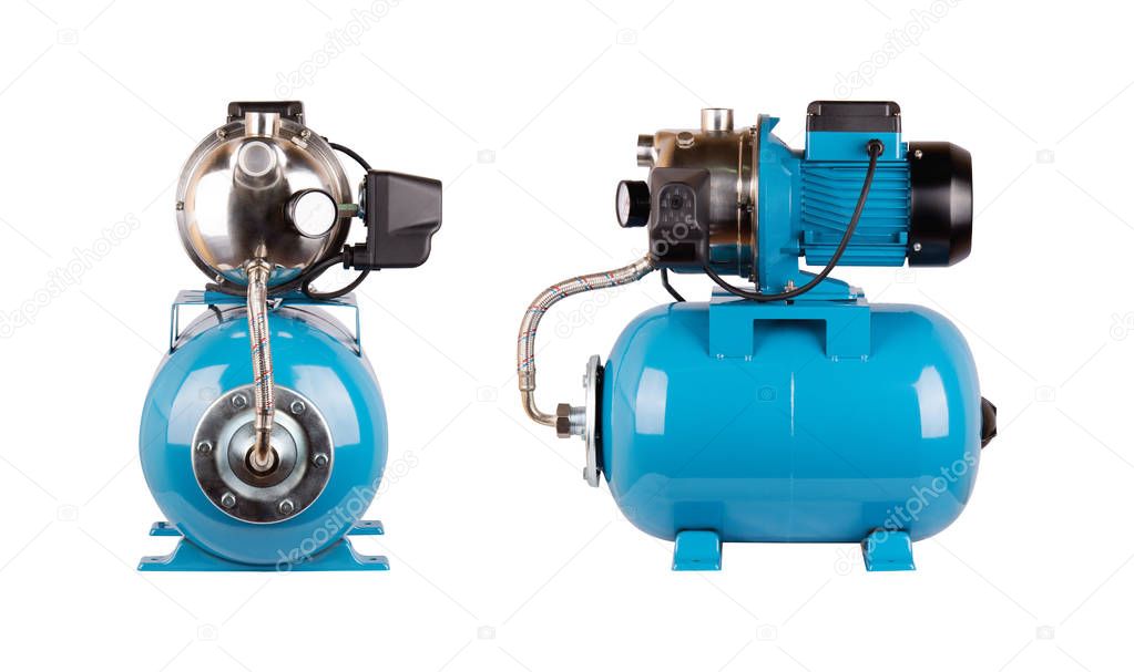 Automatic water supply station Two kinds isolated white background. Steel pump casing, pressure sensor. Blue color station. Rele, cable, hose, pressure sensor. Application in homes, country , cottage.