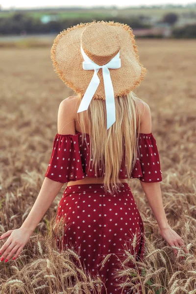 Girl gandum lapangan musim panas gaun merah topi jerami. Melihat dari belakang, berjalan musim panas di seluruh lapangan, desa rekreasi luar ruangan. Konsep dari kebebasan berpikir. Rambut panjang, kulit kecokelatan. Slim sosok seorang wanita . — Stok Foto