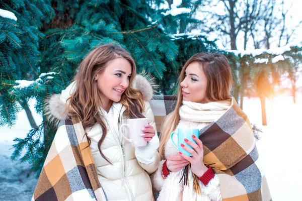 Dos mujeres novias invierno se cubrieron con manta caliente, fondo verde abetos nieve. hablar feliz, sonreír, sostener tazas de café de té sus manos. Vacaciones de fin de semana estación de invierno. ropa casual caliente . — Foto de Stock