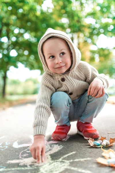 Liten pojke 3-5 år gammal, ritar med färgglada kritor trottoaren, ler glada glädje, sommar på hösten i stadsparken. Varma kläder tröja med en huva. Helg barn semester koncept. — Stockfoto