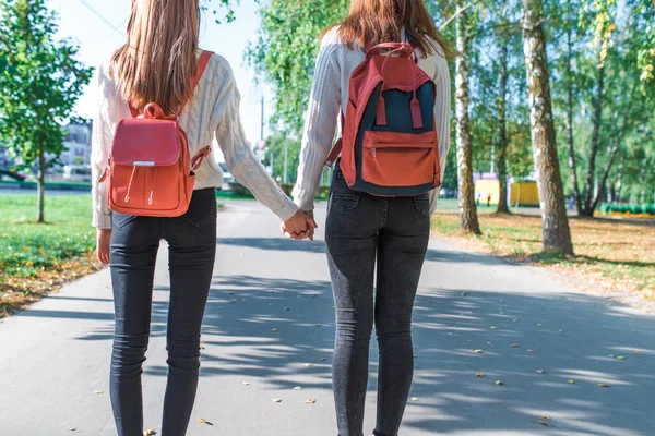 Dua gadis sekolah berjalan di sepanjang jalan, pandangan dekat dari belakang, sweater jins, ransel di belakangnya, kembali dari pelajaran sekolah di institut. Background pohon musim gugur daun di jalan . — Stok Foto