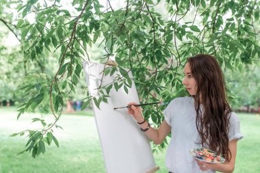 Kadın ressam bir resim çizer, yazın doğada, elinde boya olan bir fırça, sehpa ağacı arka planda uzun saçlar bırakır. Beyaz boş tuval resim.