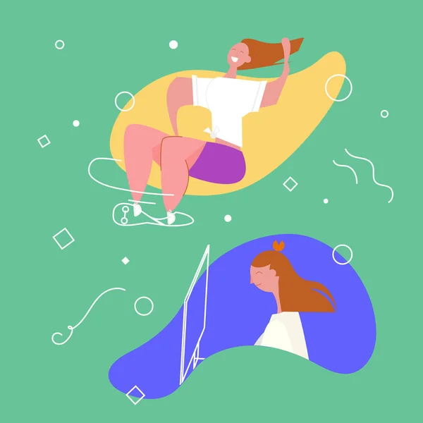 Kaykay süren ve bilgisayarla çalışan bir kız. Vektör illüstrasyonu