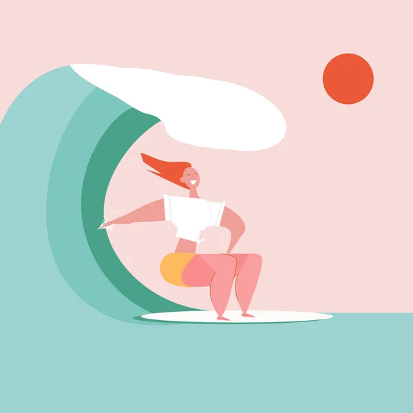 Векторная летняя иллюстрация в современном модном плоском простом стиле. Счастливая девушка-серфинг. Молодая доска для серфинга . — стоковый вектор