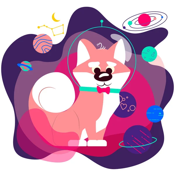 Mignon chien intelligent dans des lunettes sur fond d'espace étoilé. Science, fiction, école, concept éducatif. — Image vectorielle