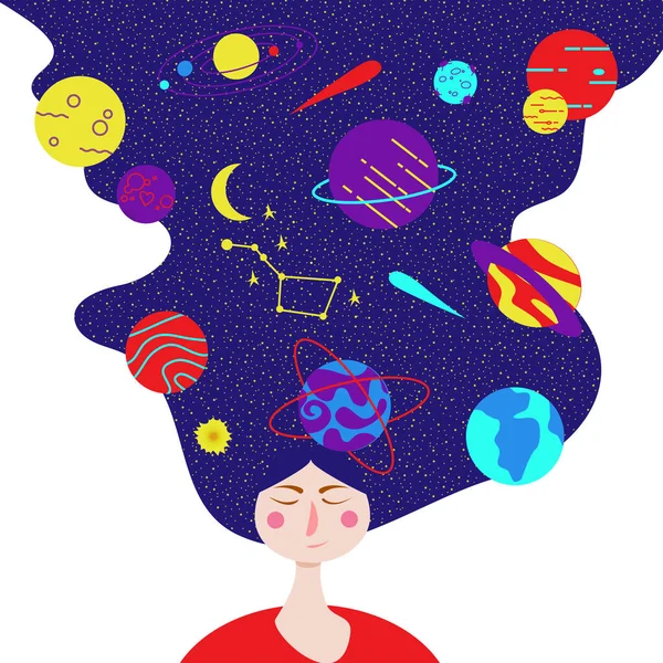 Uzun dalgalı saçlı, uzay ve evren sistemi kavramına sahip genç bir kadının vektör portresi. 