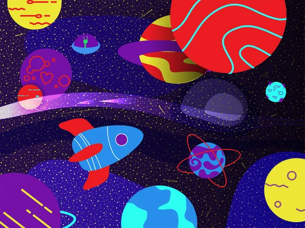 Uzayda bir uzay gemisi. Soyut eğitim, okul, sience, uzay kavramı. Modern düz biçim vektör illüstrasyonu.