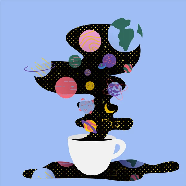 Kaffeetasse mit Galaxie ausgebreitet vorhanden. Das Symbol der Astronomie. Handgezeichneter Stil. — Stockvektor