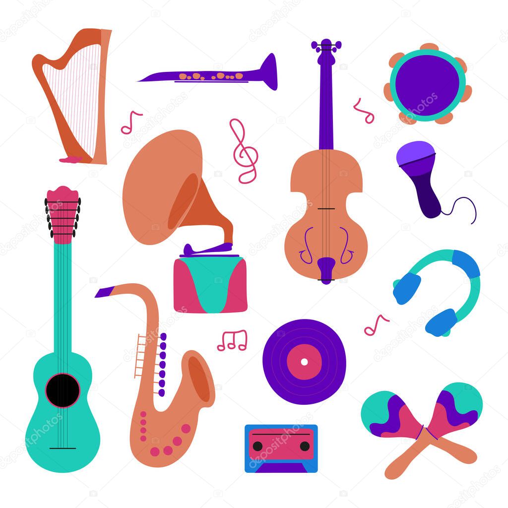 Set of musical instruments. Cartoon vector. Modern trendy flat illustration 