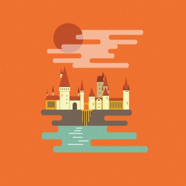 Karikatür kalesi izole edilmiş vektör çizimi. Ay ışığında okul. Modern düz stil.