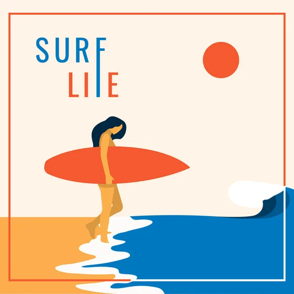Kız sörf yapacak. Klasik illüstrasyon. Vektör