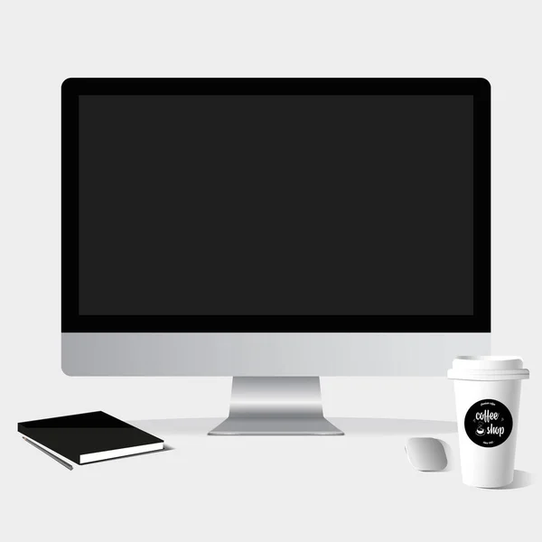 Zarif, temiz çalışma alanı, iş için ofis eşyaları. Kahve fincanı. Bilgisayar. Çizim defteri. Kalem. Web arayüzü için. Vektör illüstrasyonu