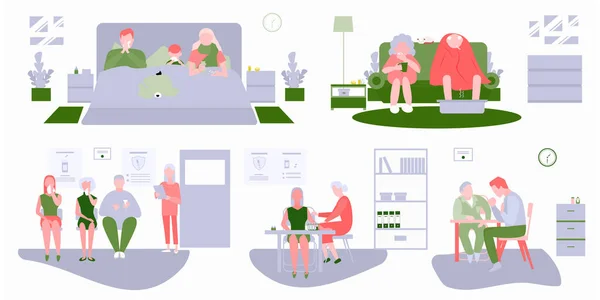 Üşüyen insanlar, yatakta bir aile, oturma odasında yaşlı insanlar, aşı kuyruğu, doktorda resepsiyon. Modern düz biçim vektör illüstrasyonu.