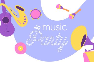 Renkli müzik aleti afişi. Sosyal medya için metin alanı olan müzikal olay posteri. Modern düz vektör illüstrasyonu