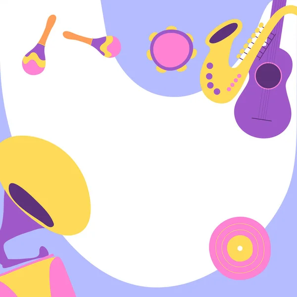 Renkli müzik aleti afişi. Sosyal medya için metin alanı olan müzikal olay posteri. Modern düz vektör illüstrasyonu