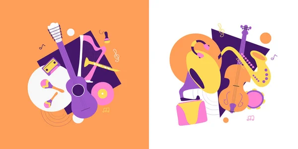 Raster versiyonu çizimi. Bayraklar müzik enstrümanları tasarımı konsepti. Renkli soyut şekiller şablonu. 