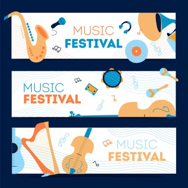 3 müzik yatay afişi. müzik aleti illüstrasyon vektörü. Müzik konsepti. Yaratıcı davet