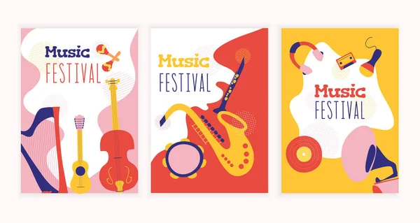 3 müzik afişi. müzik aleti illüstrasyon vektörü. Müzik konsepti. Müzik etkinlikleri için yaratıcı parlak davet